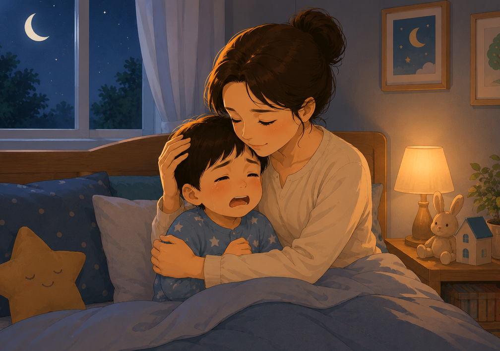 동탄 소아 야제증 — 밤에 우는 아이를 안고 달래는 부모의 모습