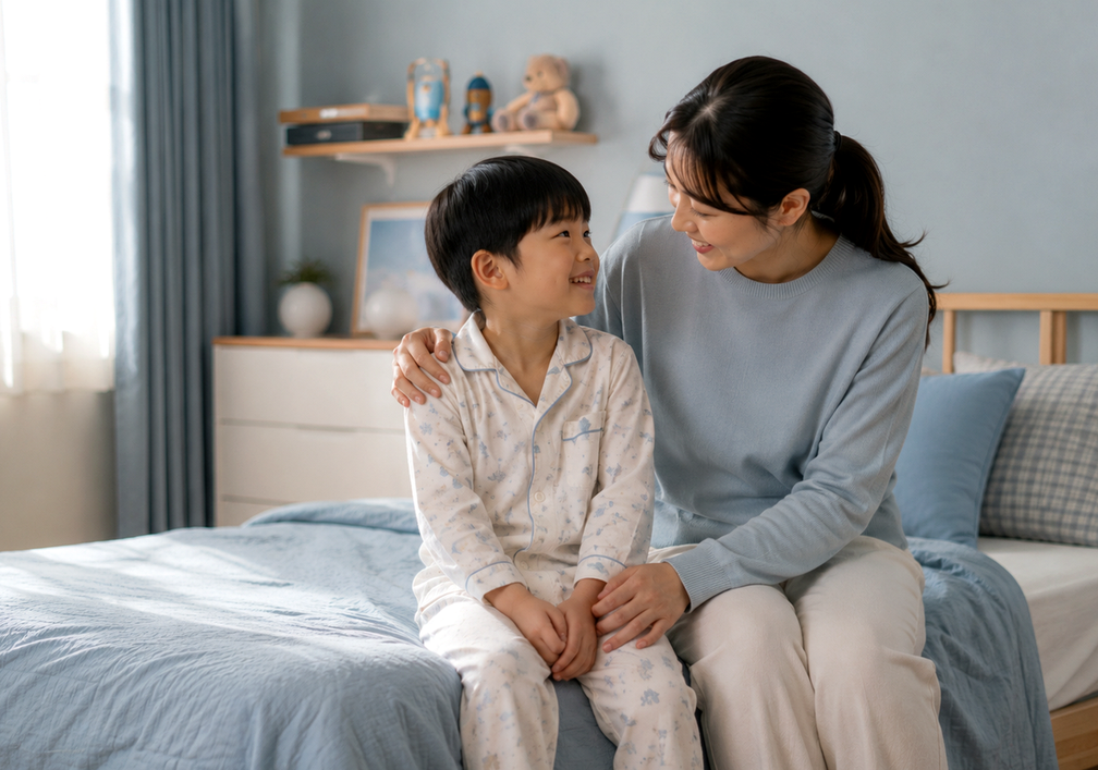 동탄 야뇨증 – 침대에 앉은 남아와 어깨를 감싸 안는 엄마