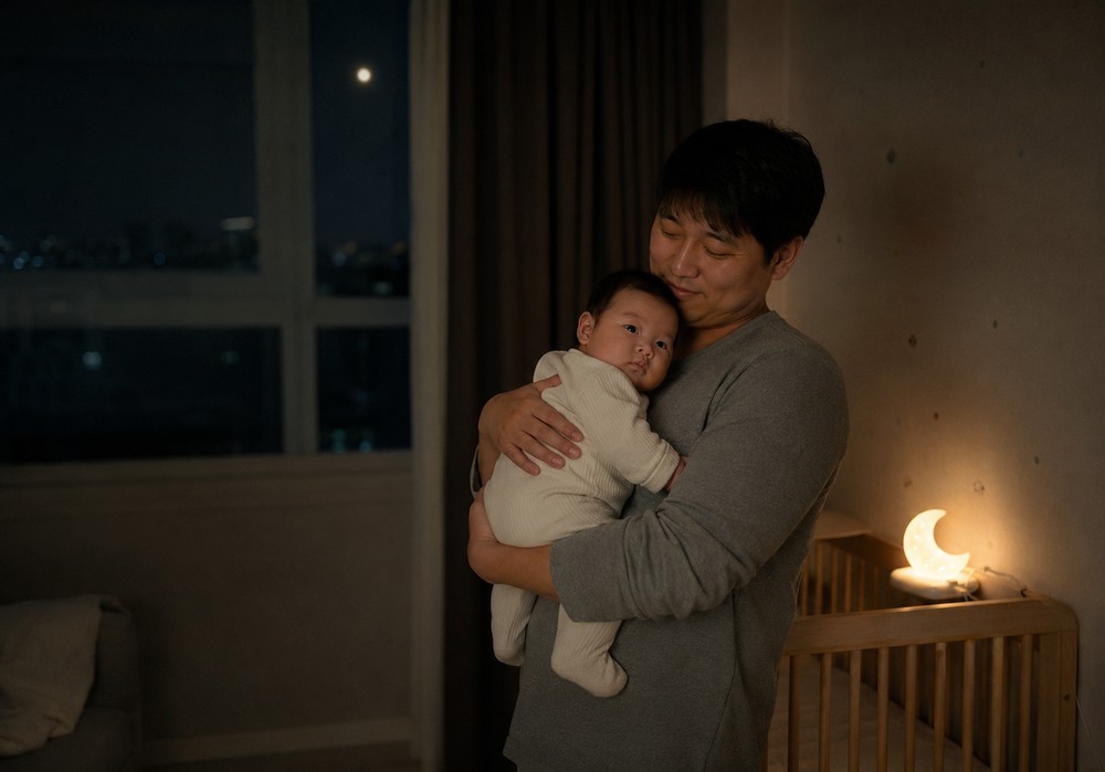 밤 아기방에서 아기를 품에 안고 달래는 아빠