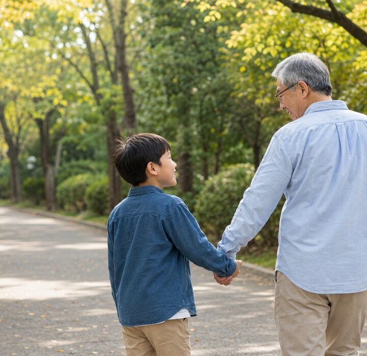 동탄 틱장애 – 할아버지와 손잡고 걷는 남자아이 뒷모습