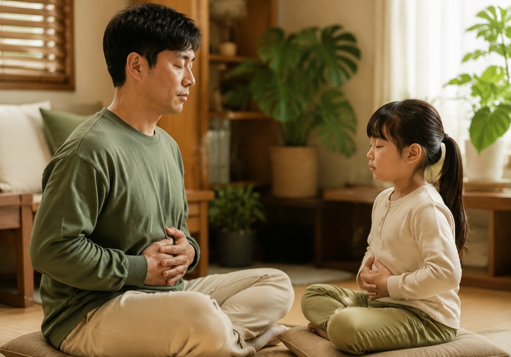 동탄 틱장애 – 아빠와 아이가 마주앉아 복식호흡하는 모습