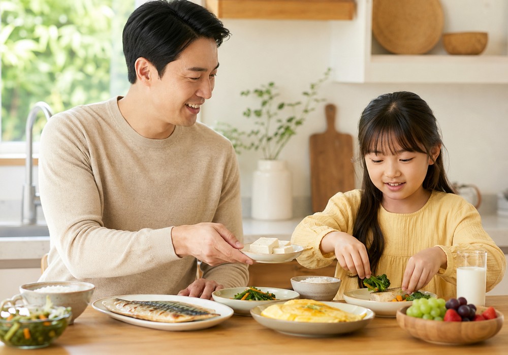 동탄 키크는한약 – 식탁에서 아빠와 균형 잡힌 식사를 하는 여자아이