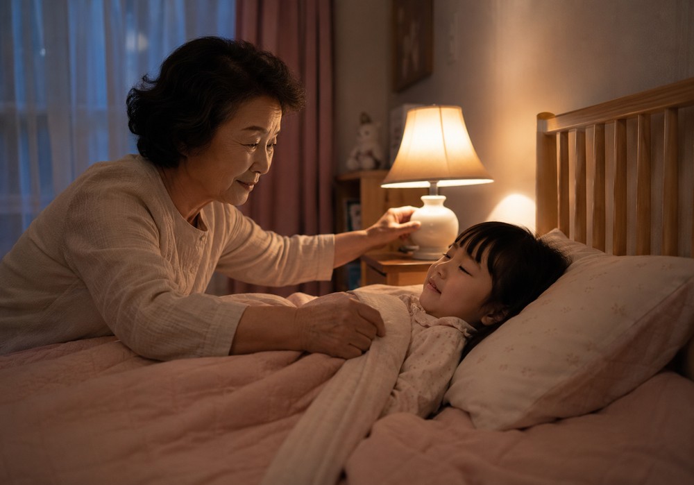 동탄 키크는한약 – 침실에서 잠자리를 봐주는 할머니와 여자아이