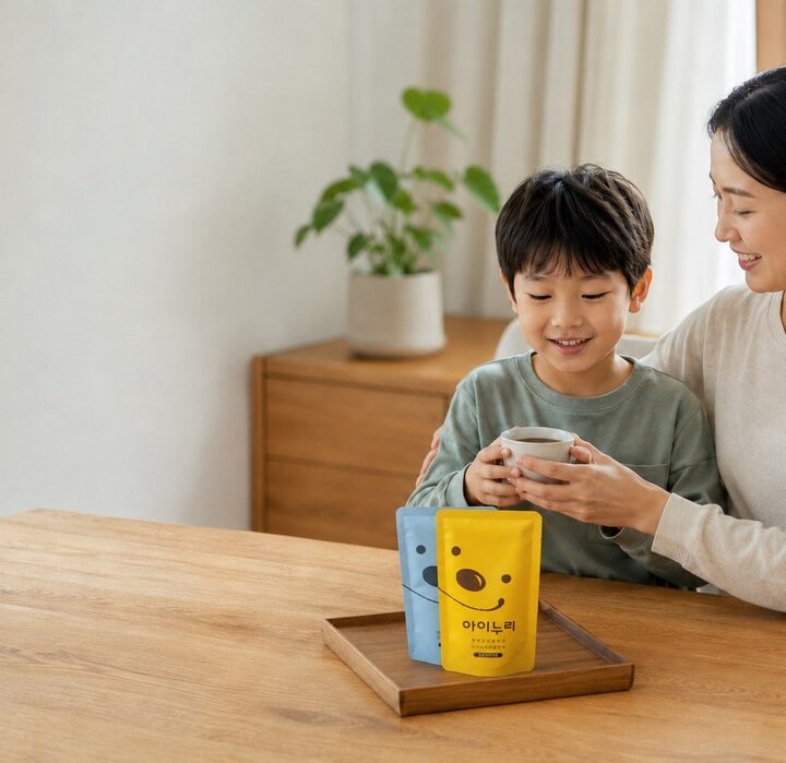 동탄 키크는한약 – 식탁에서 엄마와 한약을 마시는 남자아이