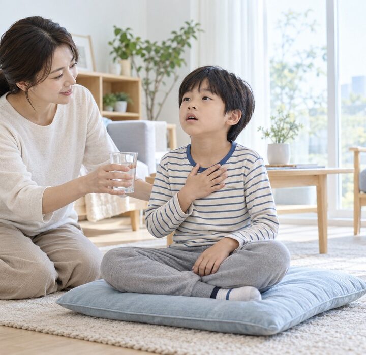 동탄 천식 – 줄무늬 상의 남자아이가 방석에 앉아 가슴에 손을 얹고 엄마가 물컵을 건네는 거실