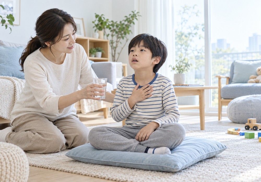 동탄 천식한약아이 — 기침과 쌕쌕거림이 있는 아이의 호흡기를 살피는 모습