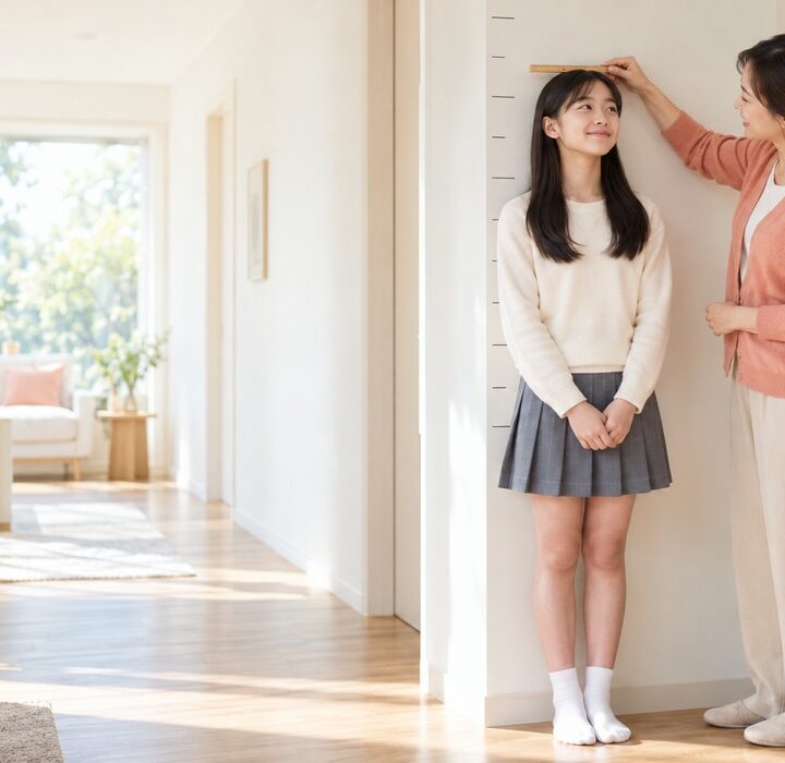 동탄 초경 후 키성장 – 밝은 집에서 엄마가 벽 키재기 자로 사춘기 여자아이의 키를 재는