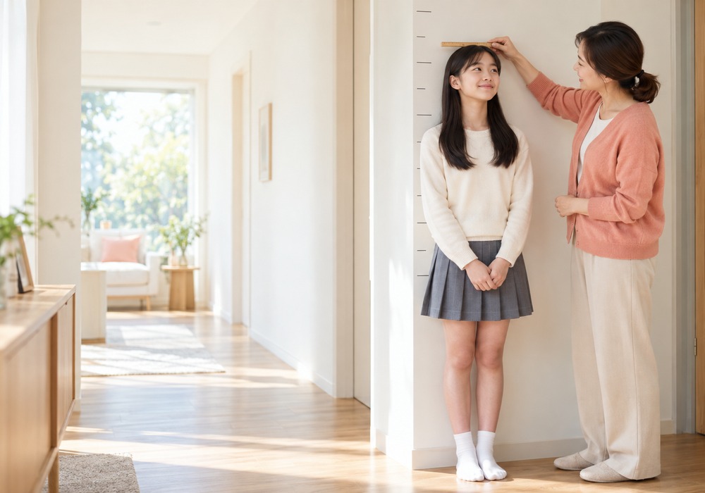 동탄 초경 후 키 성장 — 딸의 키를 재며 성장 기록을 확인하는 어머니의 모습