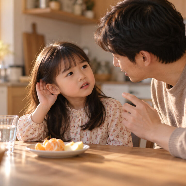 동탄 중이염 귀 먹먹함 – 식탁에 앉은 여자아이가 한쪽 귀 뒤에 손을 대고 아빠의 말을 듣는 모습