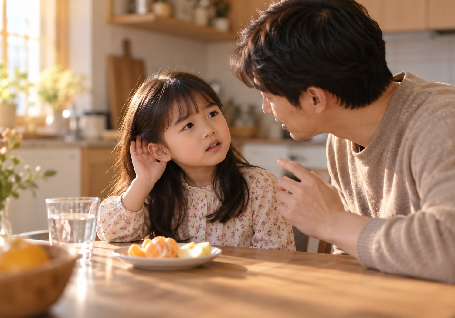 동탄 중이염 귀 먹먹함 – 식탁에 앉은 여자아이가 한쪽 귀 뒤에 손을 대고 아빠의 말을 듣는 모습
