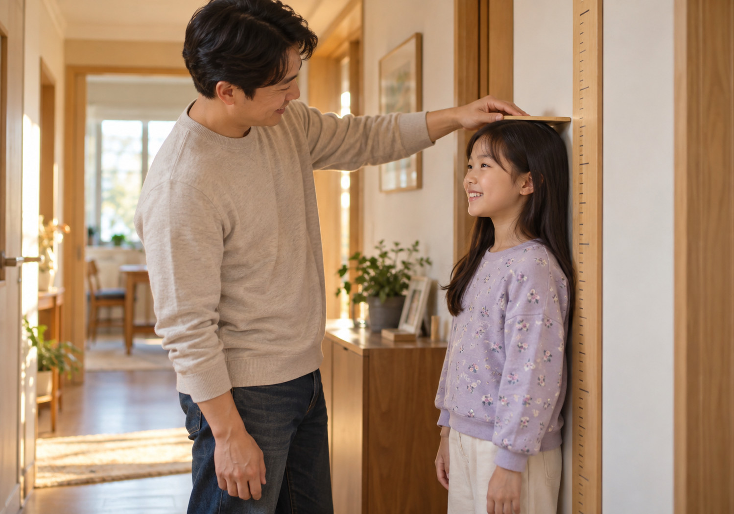 동탄 여아 2차 성징 – 아빠가 키 측정 도구로 딸의 키를 재는 장면
