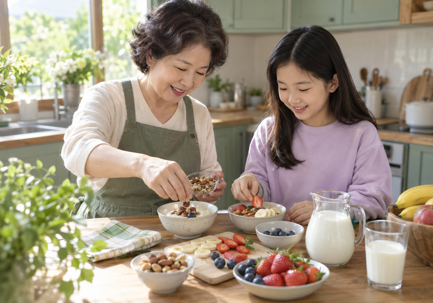 동탄 여아 2차 성징 – 할머니와 여자아이가 과일과 견과류를 곁들인 식사를 준비하는 장면