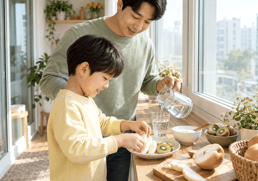 누운 아이의 배를 손바닥으로 부드럽게 살피는 배 진찰