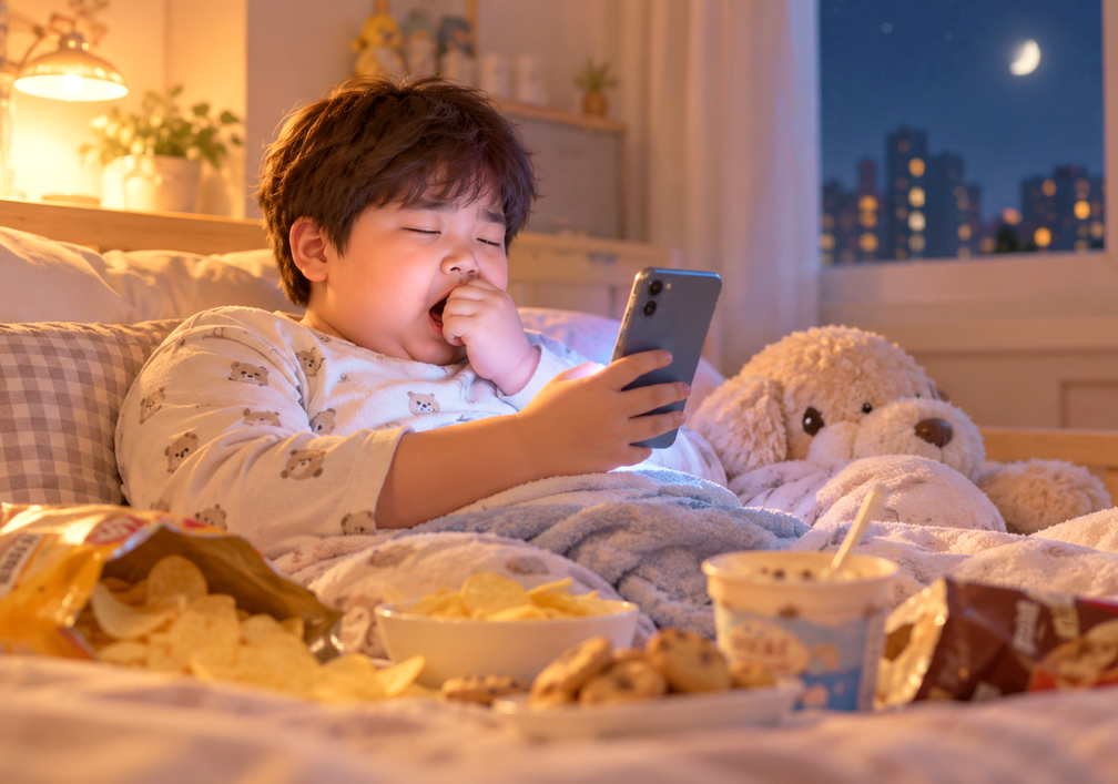 늦은 밤 스마트폰을 보며 야식을 먹는 아이