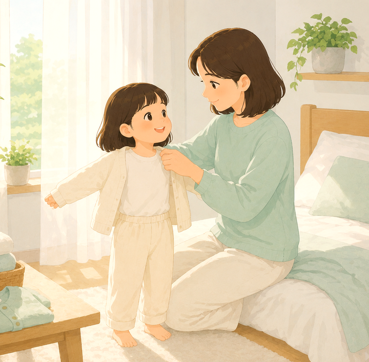 분당 두드러기 – 엄마가 아이에게 부드러운 카디건을 입혀주는 모습