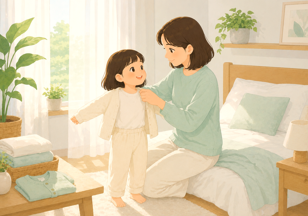 분당 두드러기 – 엄마가 아이에게 부드러운 카디건을 입혀주는 모습