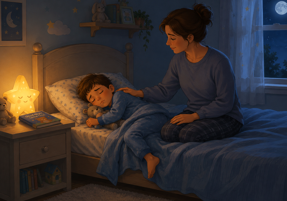 분당 야경증 — 밤 침실에서 곰인형을 안고 잠든 아이 옆에 앉은 엄마가 아이의 등을 부드럽게 다독여 주는 모습