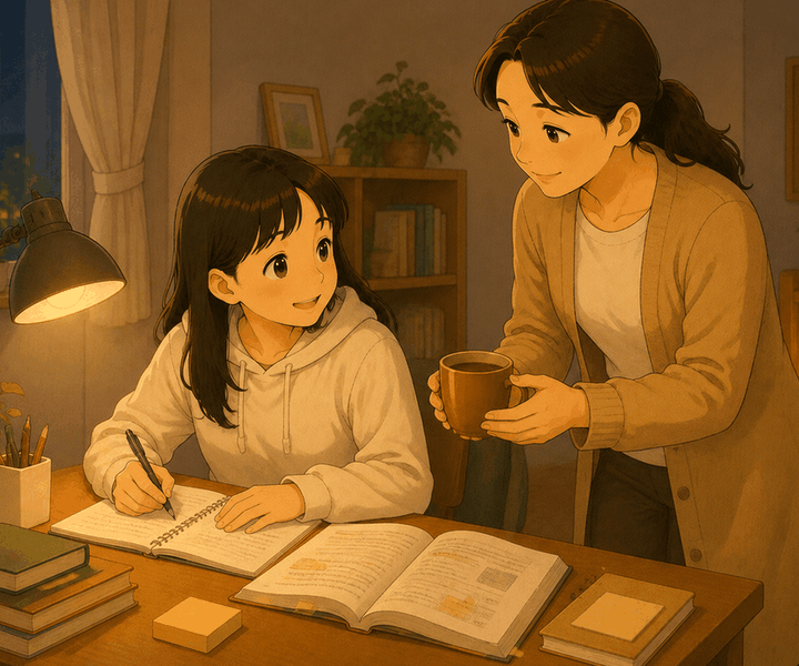 분당 수험생한약 – 밤 책상에서 공부하는 학생에게 엄마가 따뜻한 한약 차를 건네는 모습