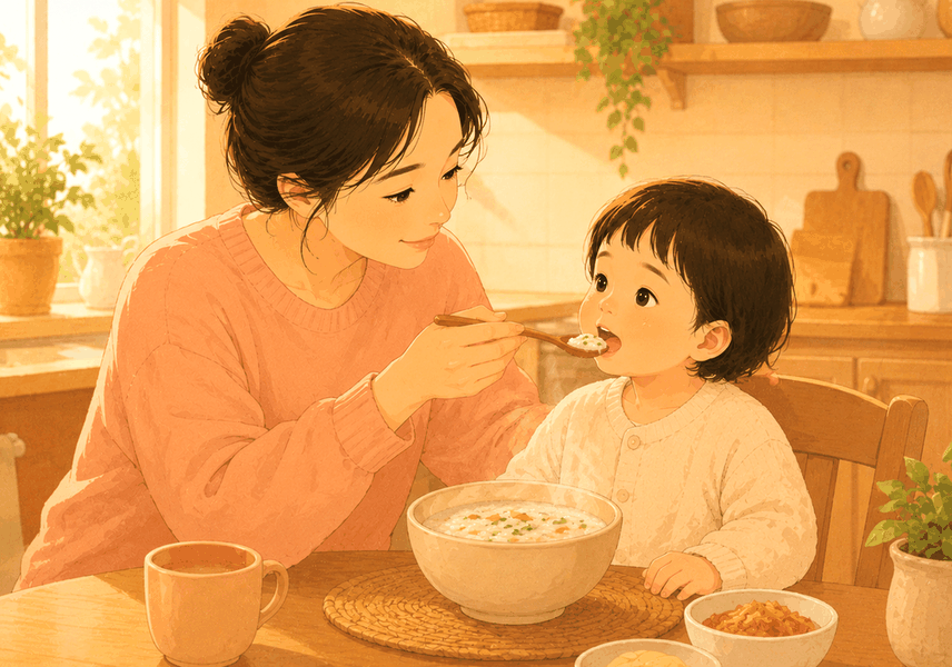 분당 소아 감기 — 따뜻한 물과 균형 잡힌 식사로 회복을 돕는 모습