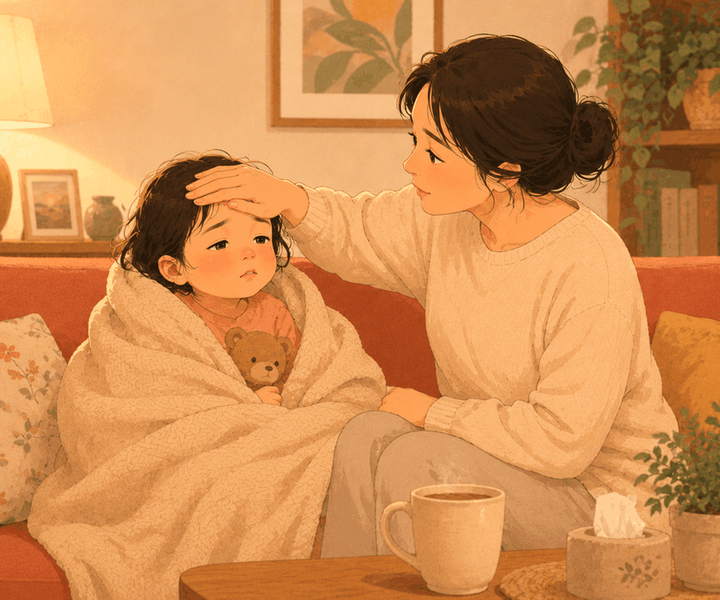 분당 소아 감기 – 담요 두른 아이 이마를 짚는 엄마