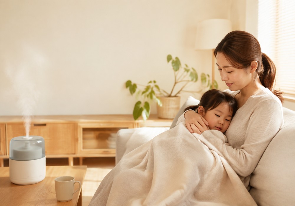 소파에서 담요를 덮고 엄마 품에 기대 눈을 감은 아이