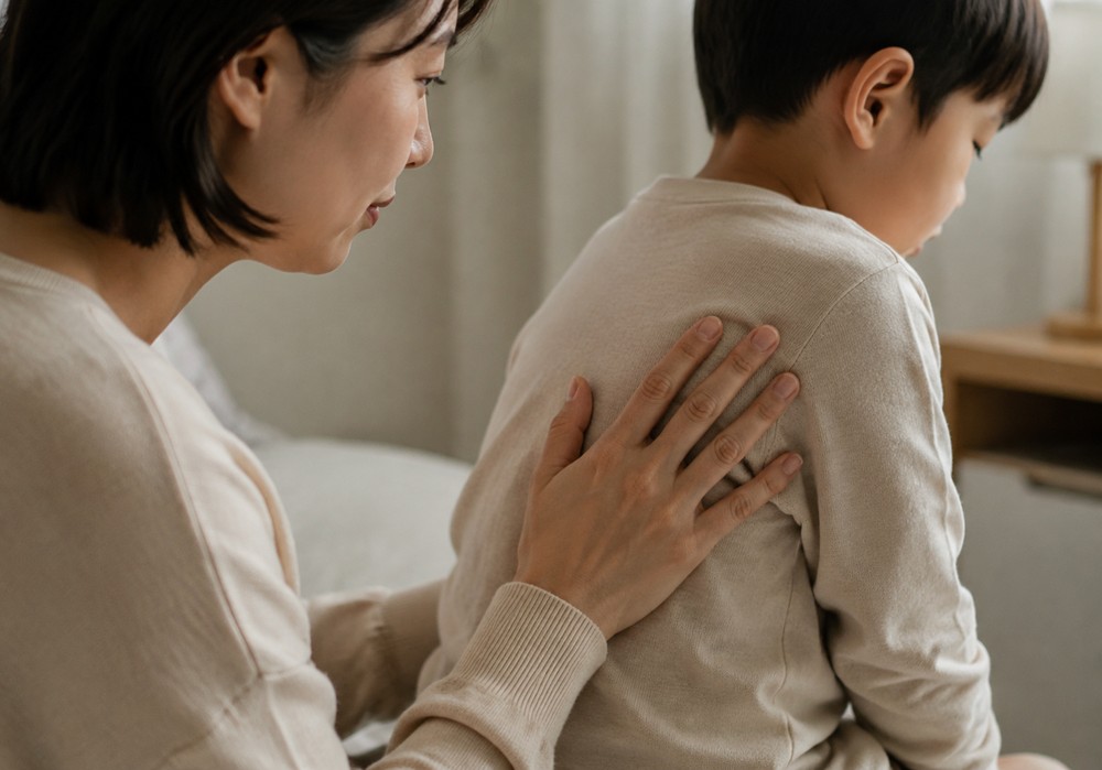 침대에 앉은 아이의 등을 손으로 쓸어주는 엄마