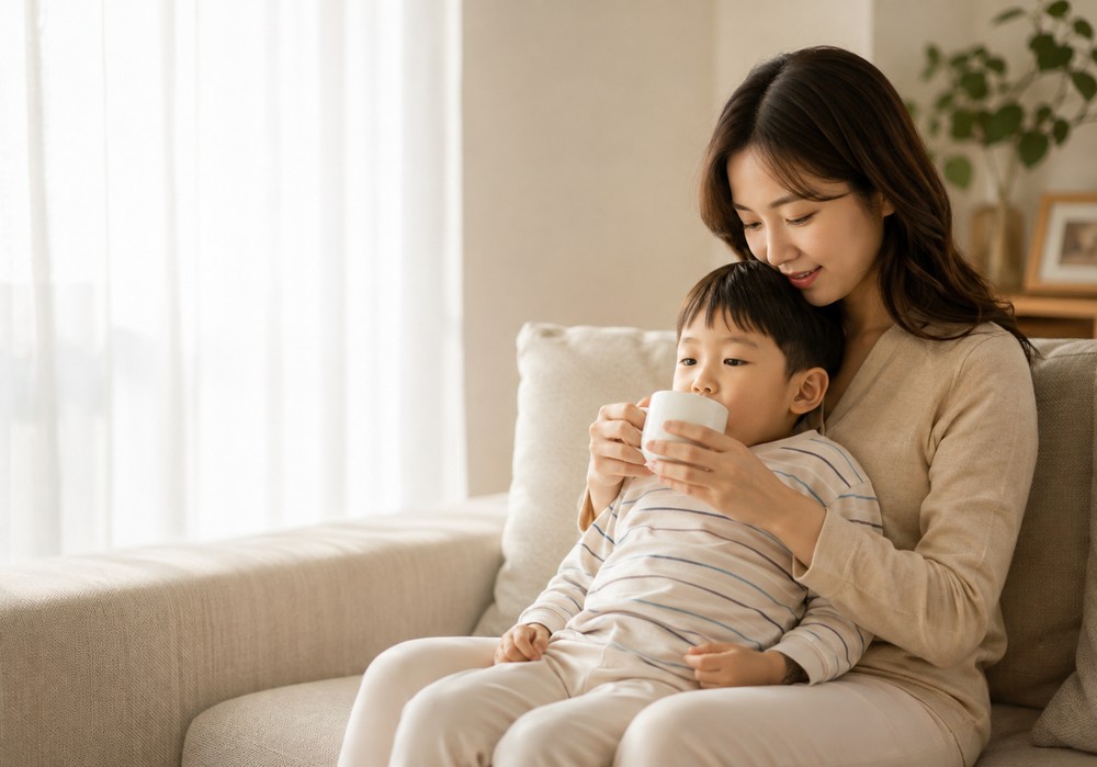 분당 후두염 – 엄마 품에서 컵을 마시는 남자아이