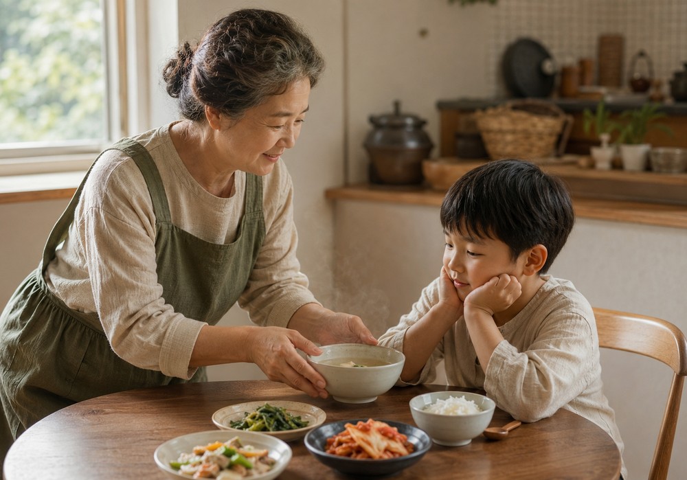 분당 후두염 – 할머니가 국그릇을 건네는 남자아이