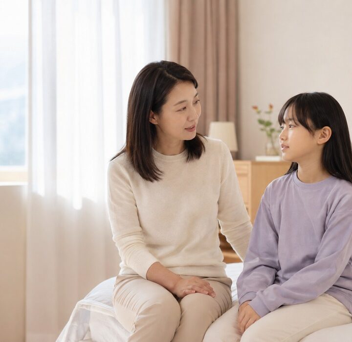 분당 성조숙증가슴멍울 – 엄마와 사춘기 딸이 침대에 앉아 대화하는 모습