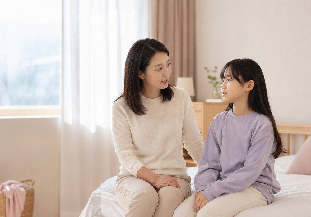 분당 성조숙증 가슴멍울 — 엄마가 아이를 안고 다정하게 이야기 나누는 장면
