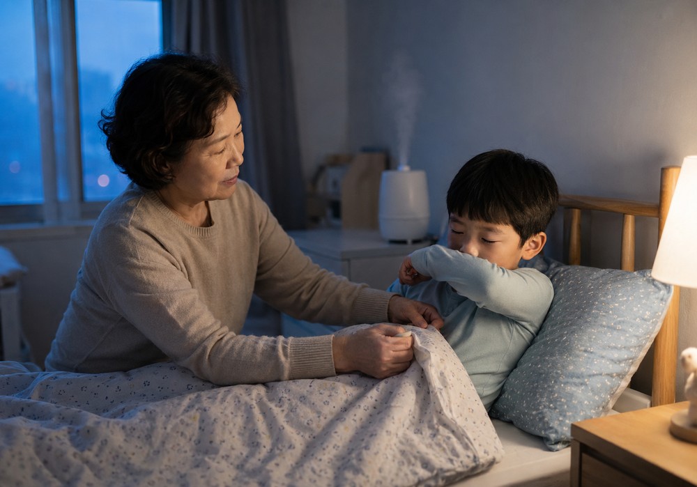 분당 아이코막힘 시기별 한방 관리 — 따뜻한 수분과 적정 습도로 밤을 돕는 모습