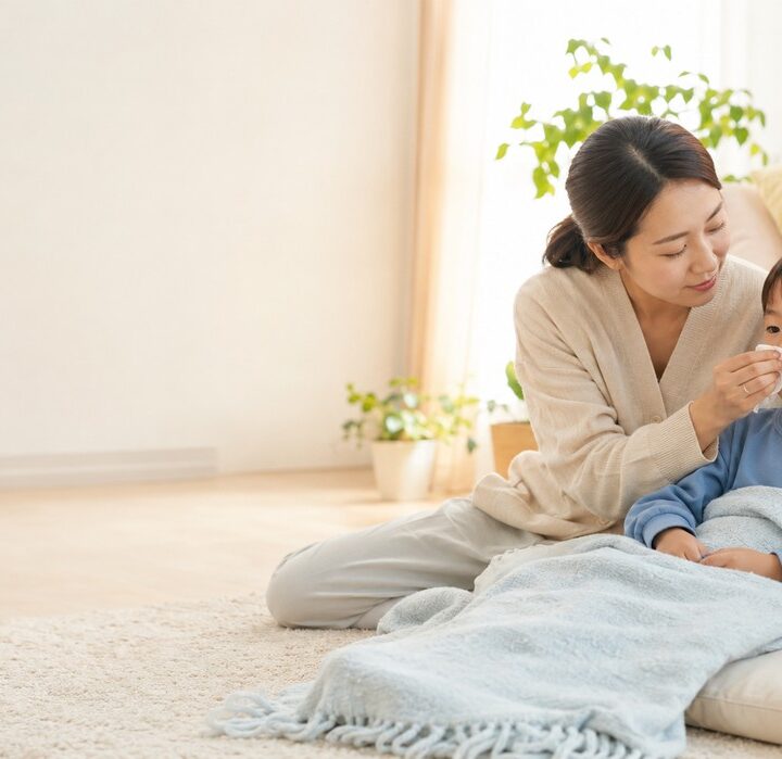 밝은 거실 바닥에서 엄마가 휴지로 파란 상의 남자아이의 코를 닦아주는 모습