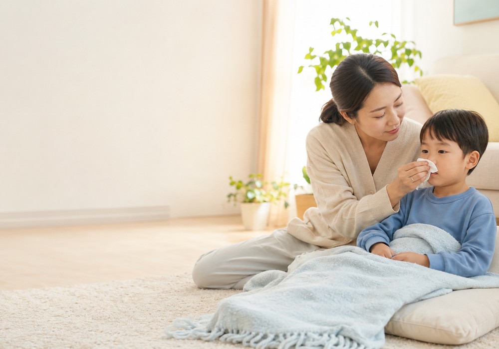 분당 아이코막힘 — 밤에 코가 막혀 입을 벌리고 자며 뒤척이는 아이