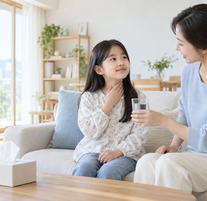 분당 목가래 – 꽃무늬 상의 여자아이가 소파에서 목에 손을 얹고 엄마가 물컵을 건네는 거실