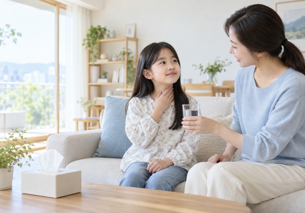 분당 목가래끼는아이 — 목에 가래 낀 소리를 내는 아이의 목 상태를 살피는 모습