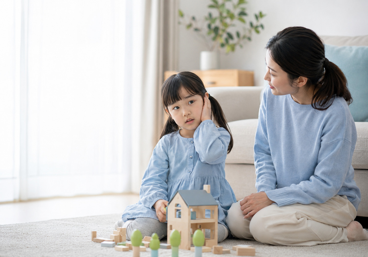 분당 아이 중이염 체질 개선 – 귀를 만지는 아이와 엄마