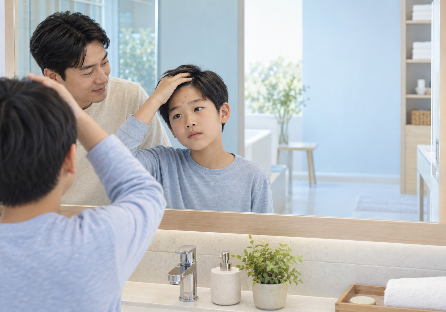 분당 남아 성조숙증 증상 – 남자아이가 아빠와 함께 거울 앞에서 머리카락을 들어 이마의 여드름을 살펴보는 모습