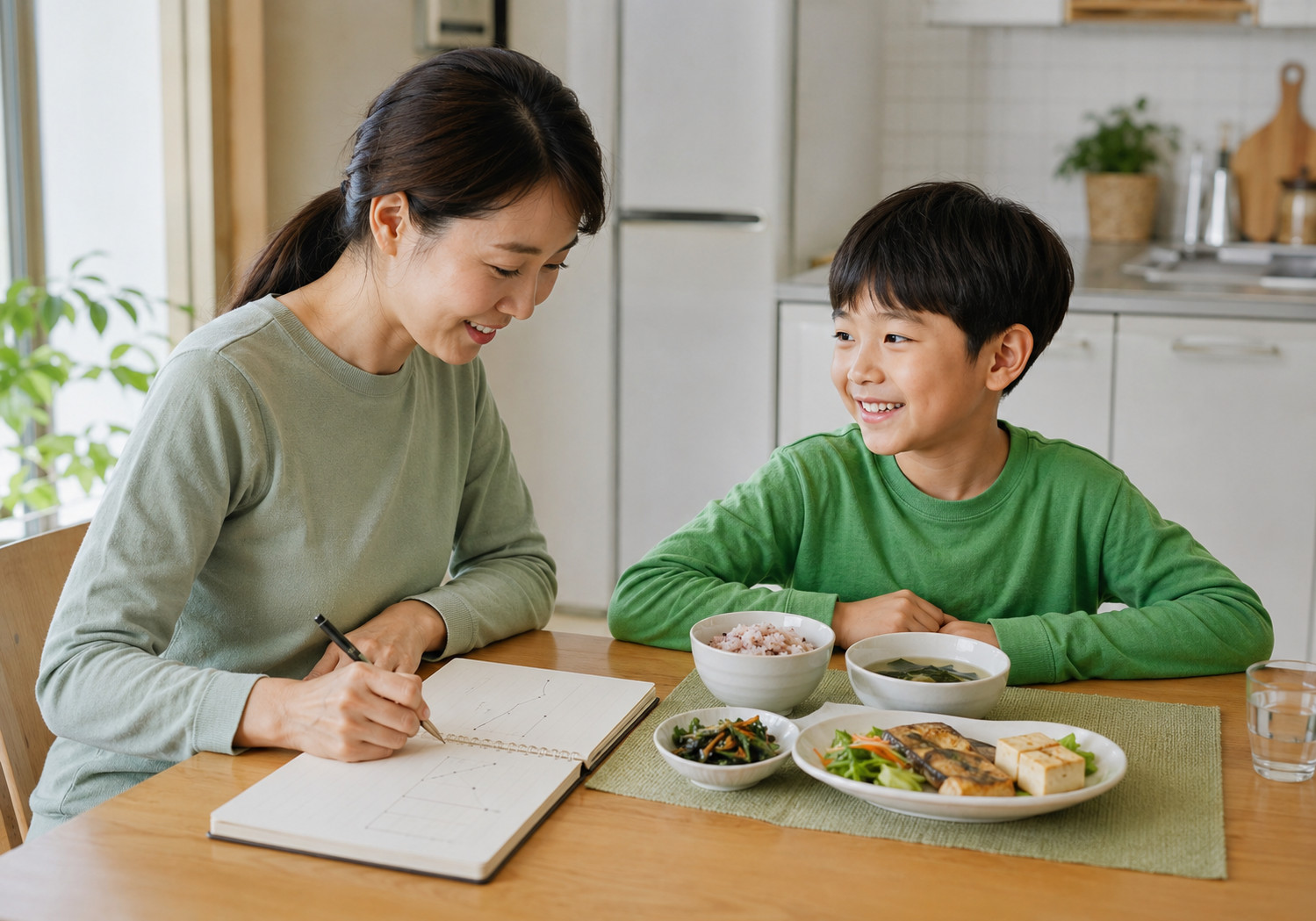 분당 남아 성조숙증 증상 – 밥과 국, 생선, 두부, 채소가 놓인 식탁에서 엄마가 노트에 기록하며 남자아이와 대화하는 모습