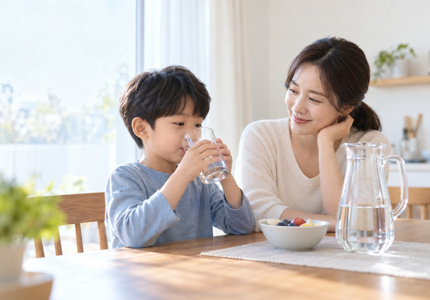 분당 변비 수분 섭취 – 식탁에서 남자아이가 물을 마시고 엄마가 지켜보는 장면