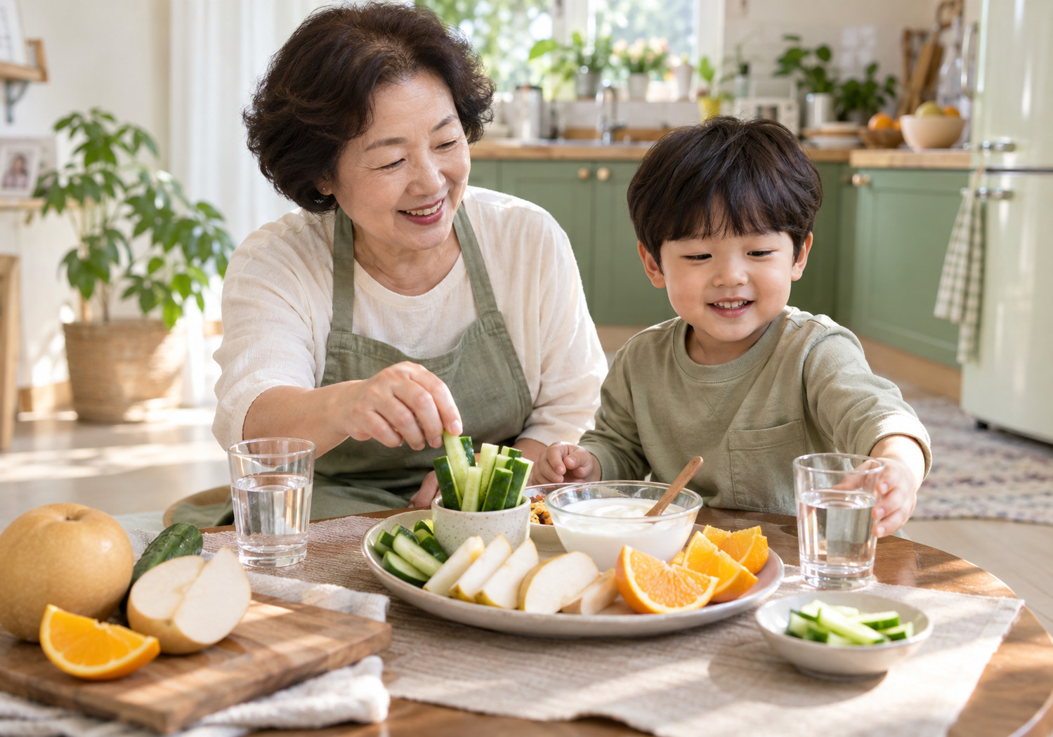 분당 변비 수분 섭취 – 할머니와 남자아이가 과일과 채소를 함께 준비하는 장면