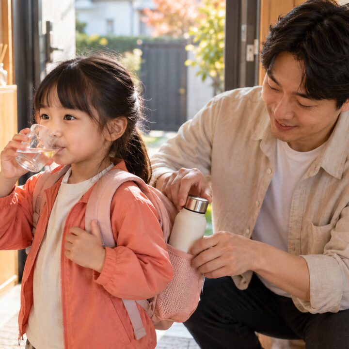 분당 변비 수분 섭취 – 외출 전 여자아이가 물을 마시고 아빠가 물병을 챙기는 장면