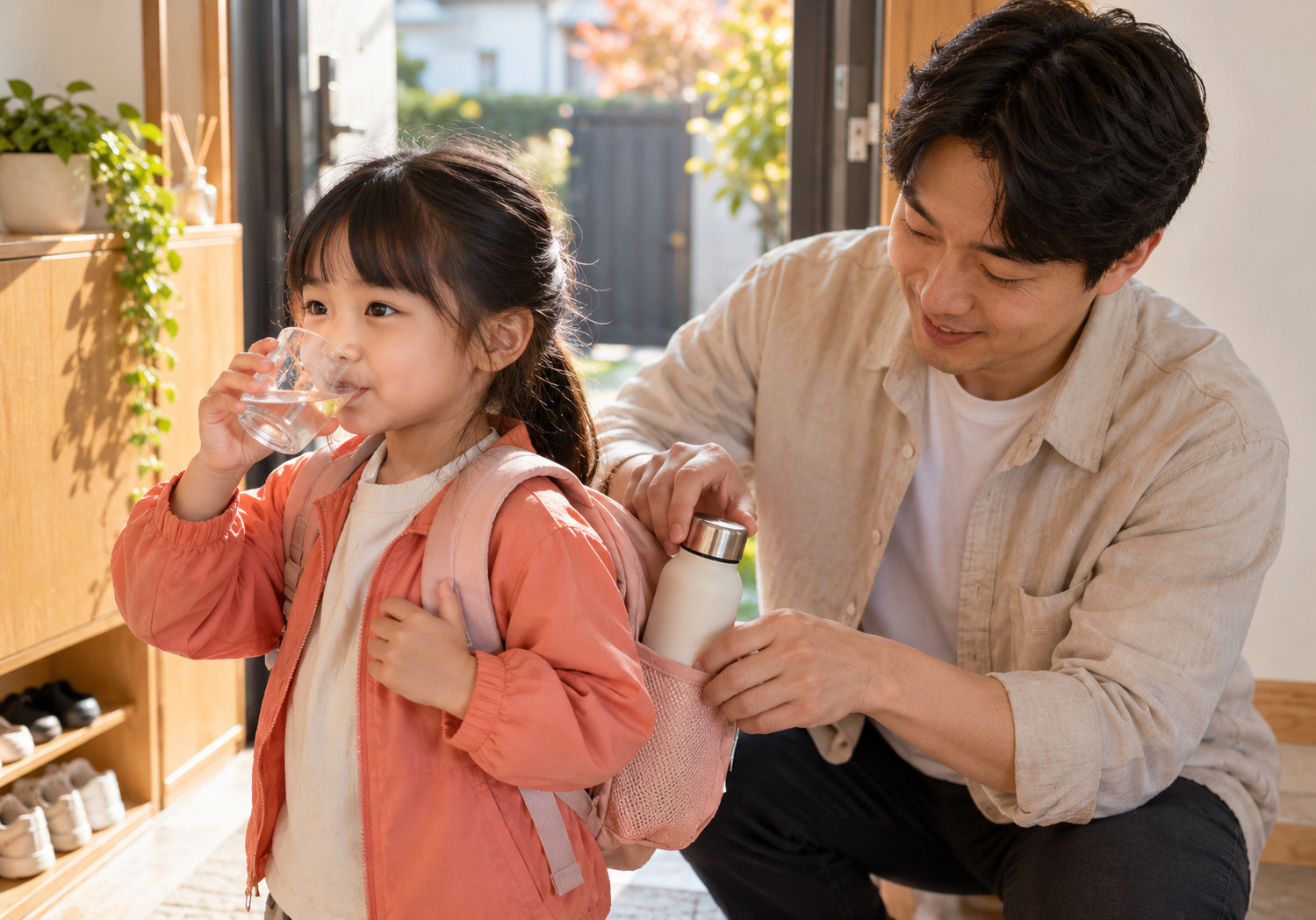 분당 변비 수분 섭취 – 외출 전 여자아이가 물을 마시고 아빠가 물병을 챙기는 장면