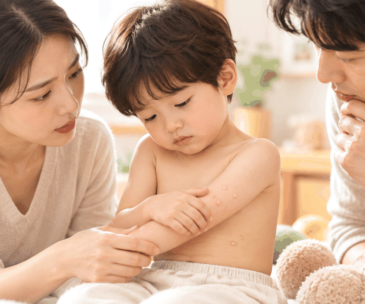 분당물사마귀치료 – 팔 피부에 생긴 작은 물사마귀를 살펴보는 아이