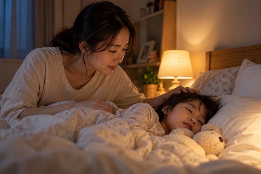 분당 알레르기비염 증상, 밤에 잠든 아이를 부모가 살펴보는 침실