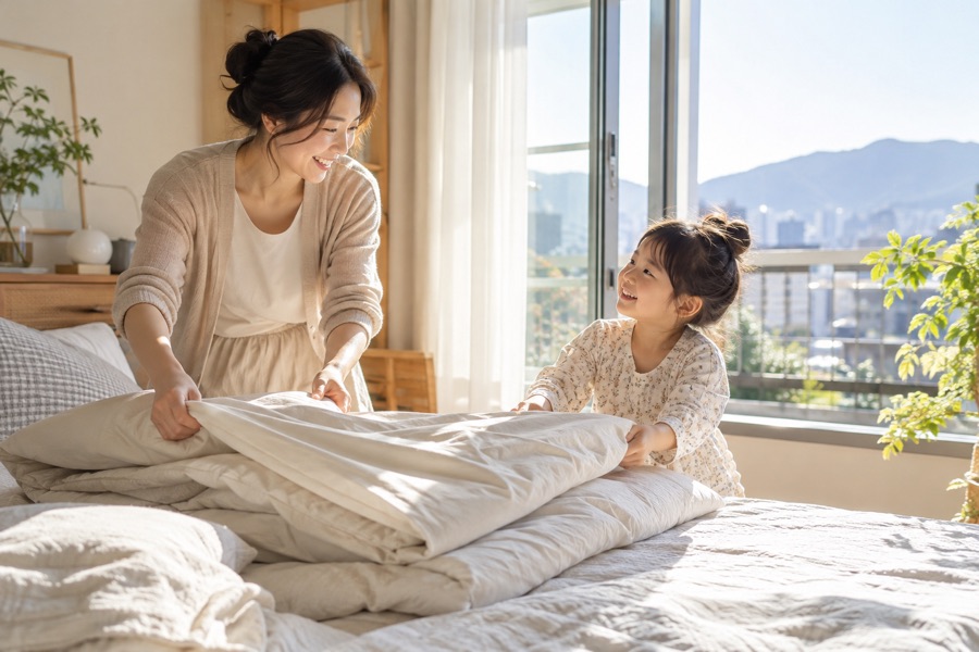 분당 알레르기비염 증상, 아침에 부모와 아이가 침구를 정리하고 창문을 열어 환기하는 모습