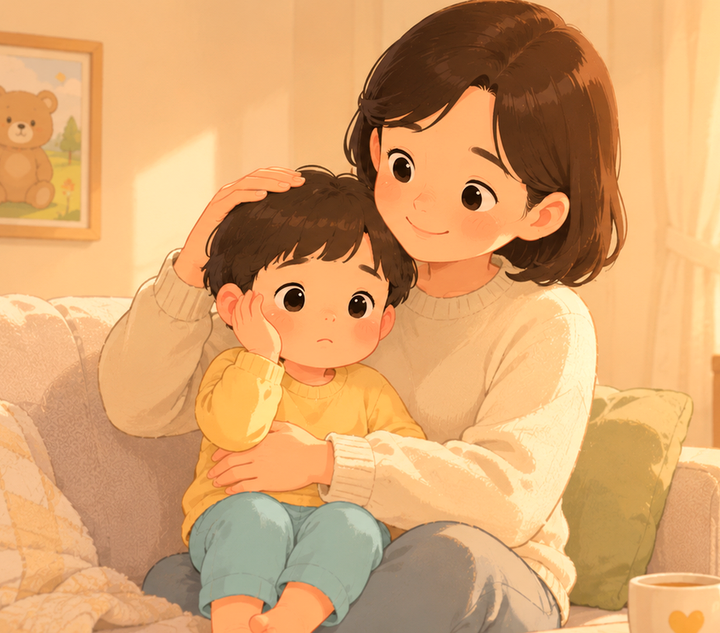 무릎에 앉은 아이를 안고 귀를 다정하게 어루만져 주는 부모