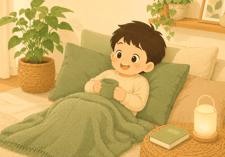 수원 틱장애 – 아이가 담요를 덮고 편안히 쉬는 모습