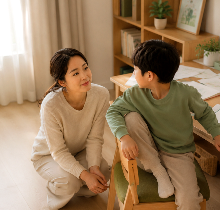 수원 ADHD – 엄마가 책상 옆에 앉아 아이와 눈높이를 맞추고 대화하는 모습