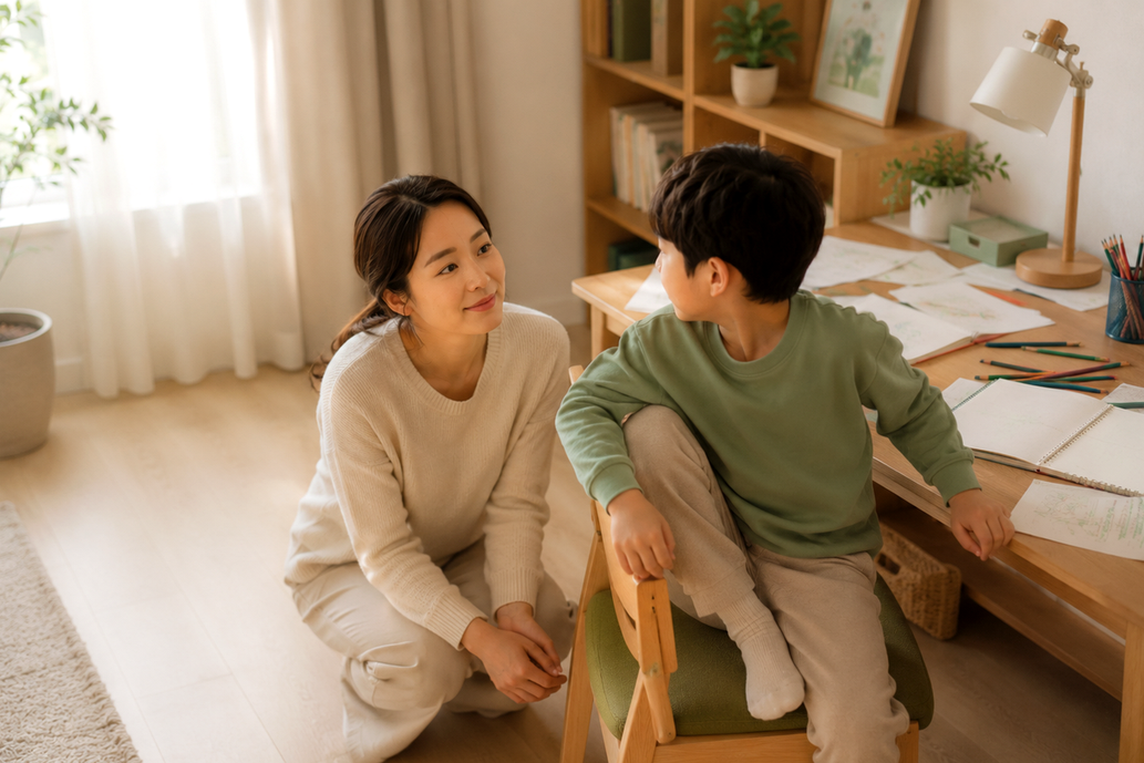 수원 ADHD – 엄마가 책상 옆에 앉아 아이와 눈높이를 맞추고 대화하는 모습