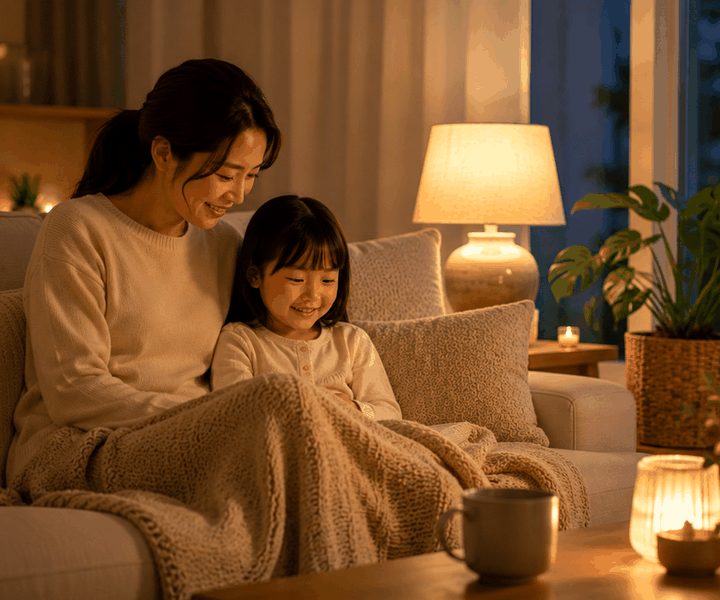 수원 천식 – 밤 거실 소파에서 엄마와 딸이 담요를 덮고 함께 앉아 있는 모습